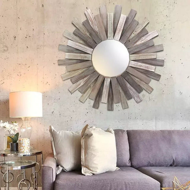 80CM Large Handmade Sun Wooden New Vintage Bedroom Bathroom  Decorative Wall Makeup Mirror for Home Decor Hanging Dropshipping