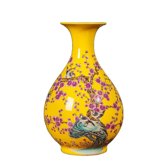 Yellow Flowers and Bird Patterns Ceramic Animal Large Vase Hand Painted Arrangement Flower Big Vase Pots for Home Decoration