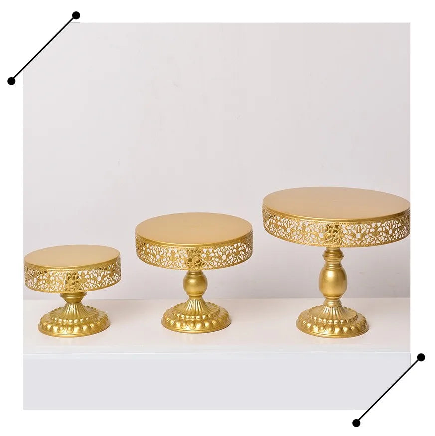 Customized Hot 8'10'12inch 3pcs Metal Hollow Lace Edge Cake Stands for Wedding Party Gold Cake Dessert Display Stand Set
