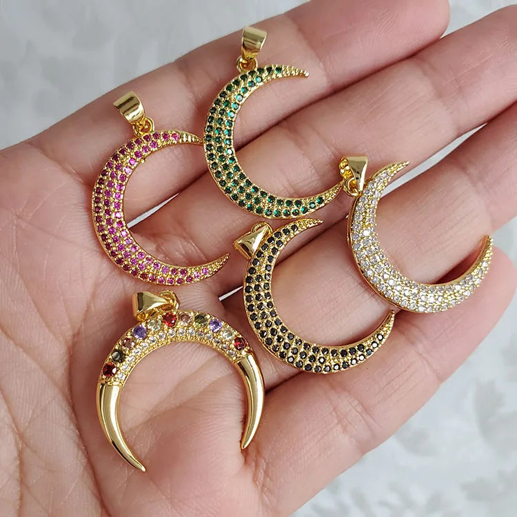 CZ8311 Hotsale Rainbow 18k Gold Plated CZ Zircon Micro Pave Moon Crescent Charm Pendant for Necklace Jewelry Making