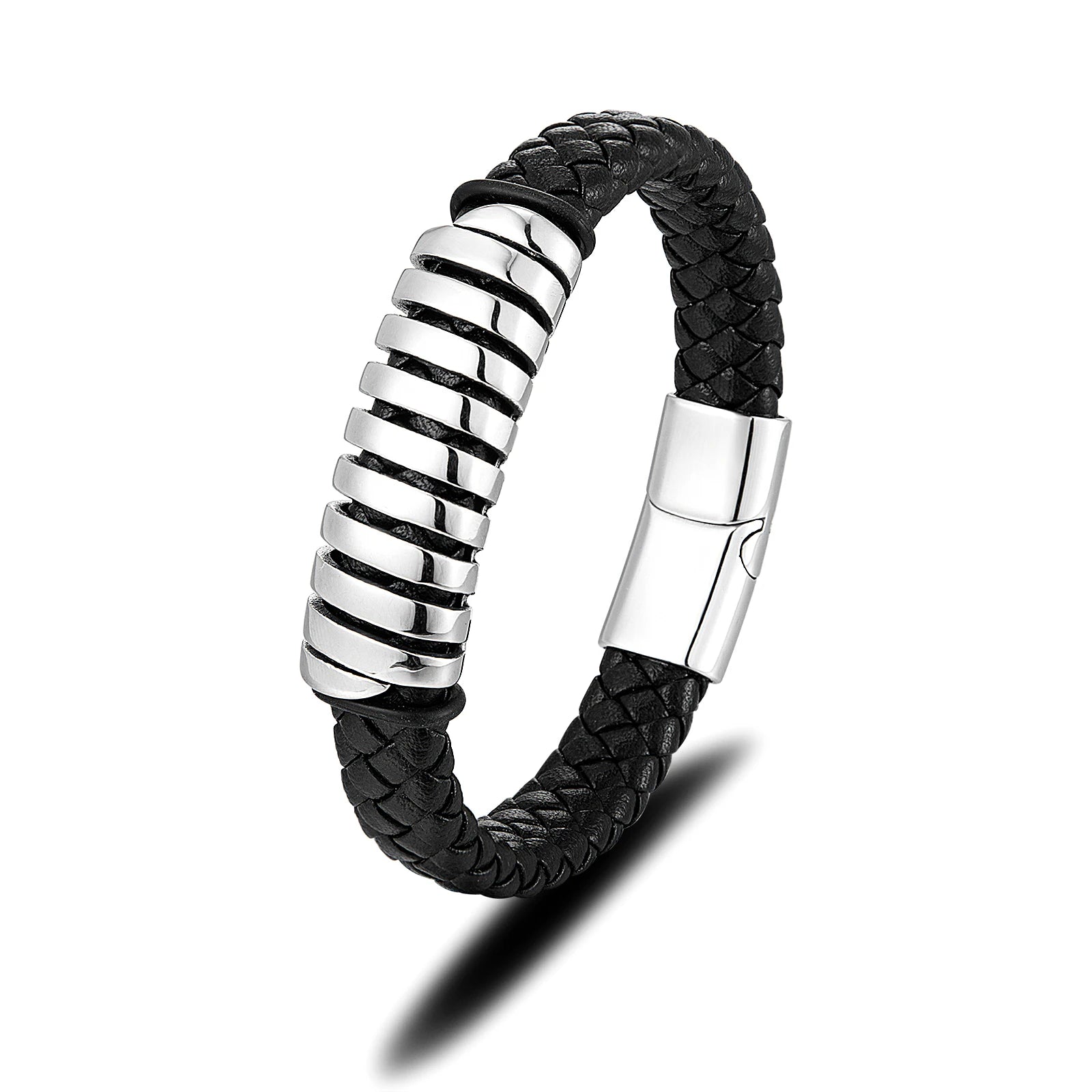 Personalized Engraved Name Man Jewelry Custom Black Braided Real Leather Bracelet Stainless Steel Jewelry for Man