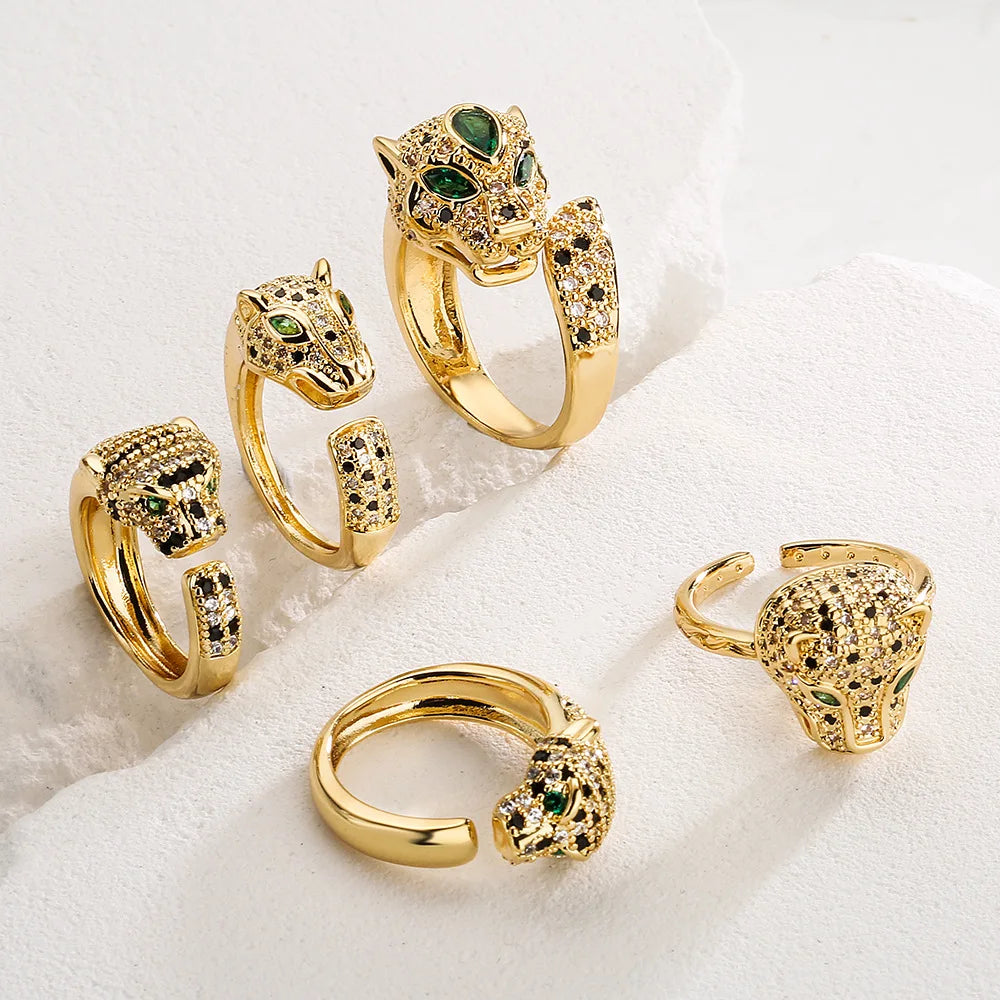Fashion Punk Leopard Head Ring Jewelry Hollow Adjustable Women Leopard Green Eye Open Rings