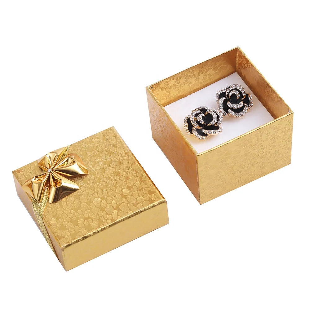 ZHIHUA Luxury Gold Paper Jewelry Gift Box Vintage 5*5cm Ring Packaging with Golden Bow