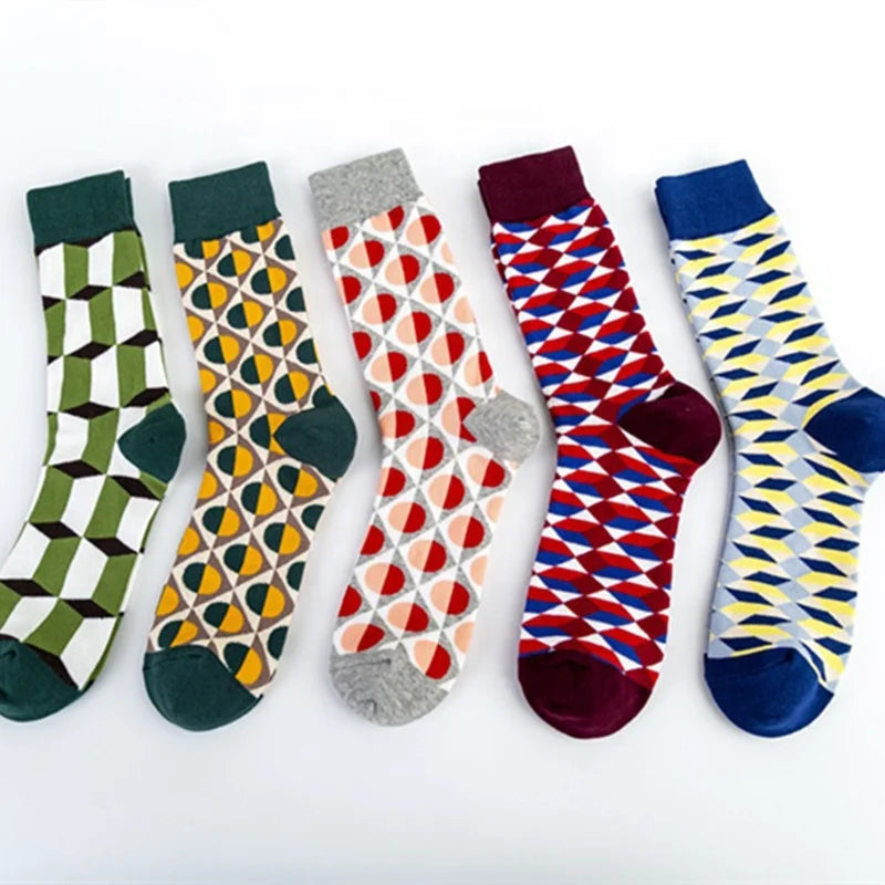 Wholesale Fashion Geometric Patterned Socks Men Designer Colorful Dress Cotton Crew Socks
