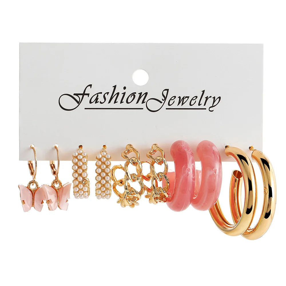 Cute Resin Butterfly Hoop Earrings Set For Women Gold Heart Chain Hoop Earrings Set 2022 Trend Jewelry set