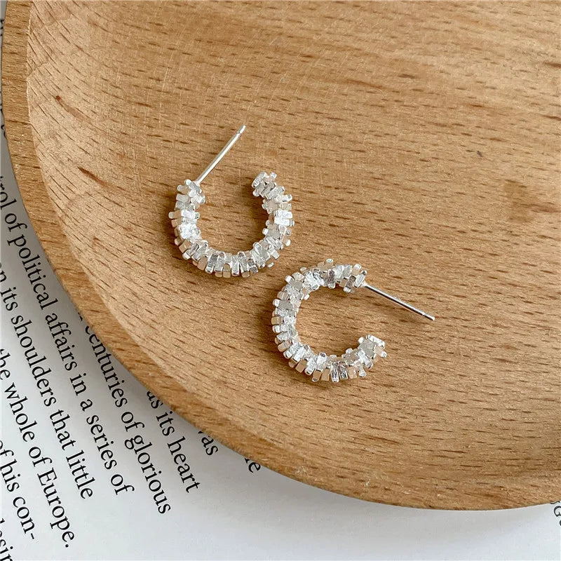 Geometric C Shape Beads Beaded Stud Earrings for Women 925 Sterling Silver Jewelry