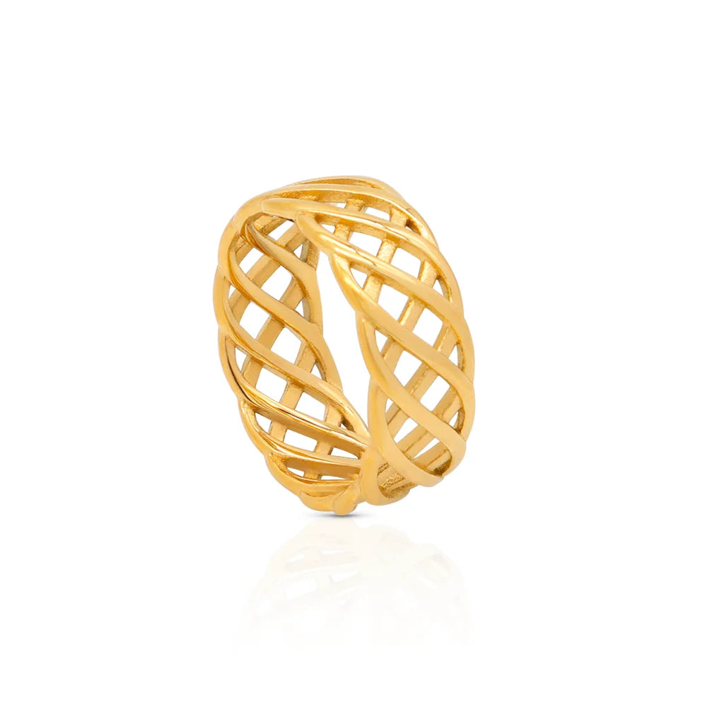 Chris April Fashion Jewelry 316L Stainless Steel PVD Gold Plated Hollow Metal Chain Shape Finger Rings