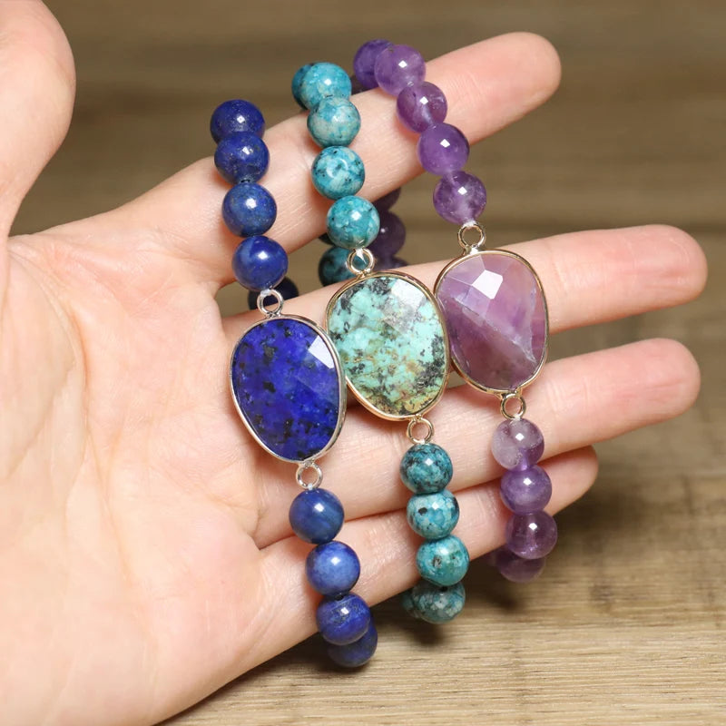 Wholesale Natural Amethyst Stone Beaded Bracelet for Unisex Fashion Style with Lapis Charm Elastic Design Bracelet Jewelry Gift