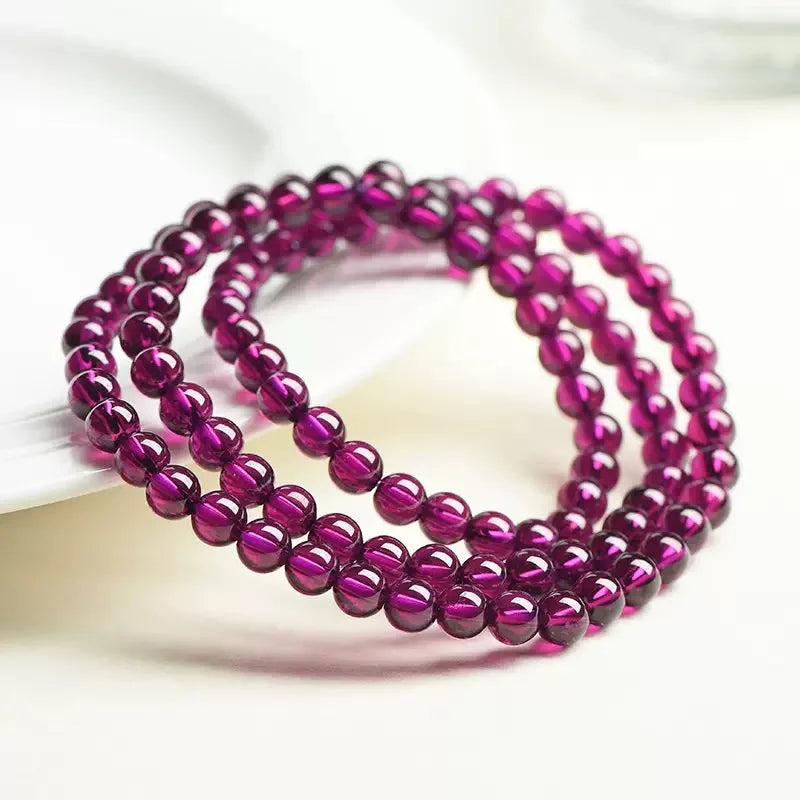 Feng Shui Style Three-Ring Crystal Bracelet with Natural Purple and Black Garnet Traditional Chinese Craft