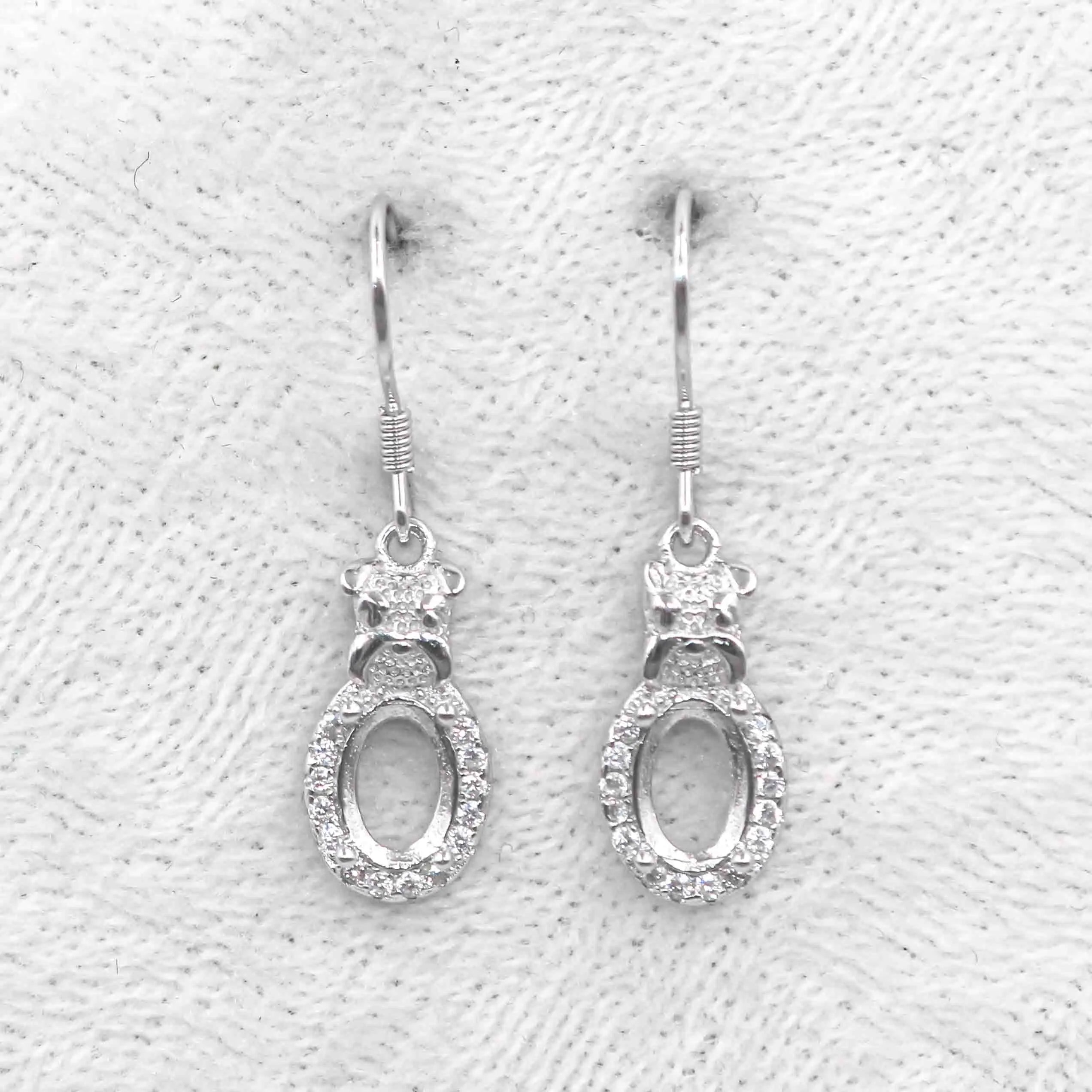Sterling Silver 5*7mm Semi Mount Hoop Earrings Frame Empty Support Blank Setting S925 Base Without Center Stone for DIY Inlay