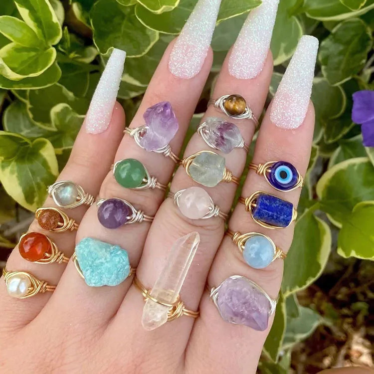 Handmade Wire Wrap Gemstone Healing Crystal Stone Stacking Ring Gold Plated