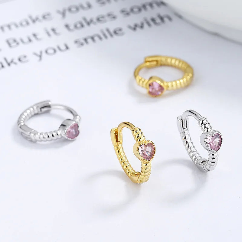 Fashion Minimalist Jewelry 925 Sterling Silver Simple love Heart pink Diamond Gold Plated Hoop Earrings for Women
