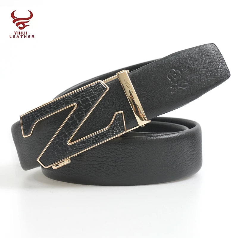 OEM  Zinc Alloy Buckle Men Designer Printed Logo Belts Automatic 100% Genuine Leather Tan Trouser Belt Men