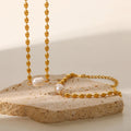 Fashion Non Tarnish Jewelry 18k Gold Plated Stainless Steel Jewelry Beads Chain Freshwater Pearl Beaded Bracelet Necklace Sets