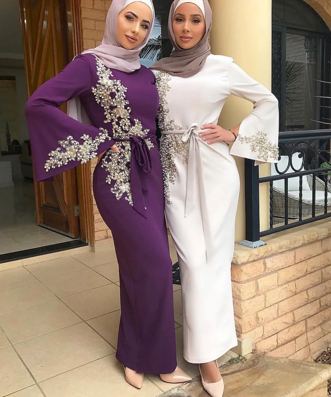 Eid Abaya Dubai Turkey Muslim Middle East Beads Applique Polyester Anti-Wrinkle Ankle Length Women Kaftan Caftan Marocain