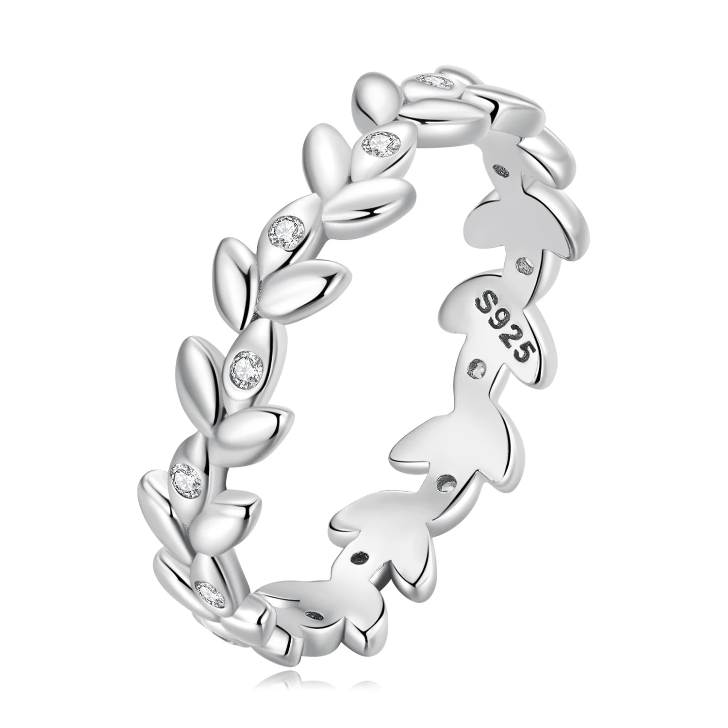 Bamoer Factory 925 Sterling Silver Simple Minimalist Leaf Ring Pave Setting CZ Arranged Leave Pattern Ring for Women BSR306