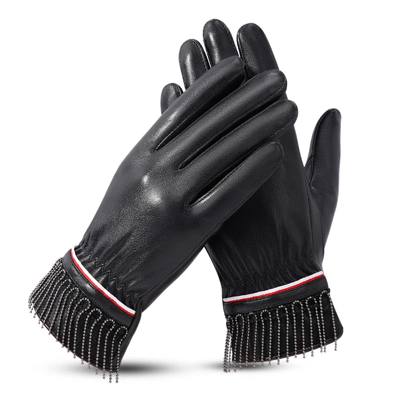 Fashion Thermal Touch Screen Winter Bike Riding Women Faux Leather PU Gloves