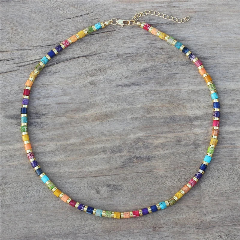 Ethnic Natural Stone Jasper Tube Beads Choker Necklace Boho New Women Layering Simple Short Necklace Beach Jewelry Dropshipping