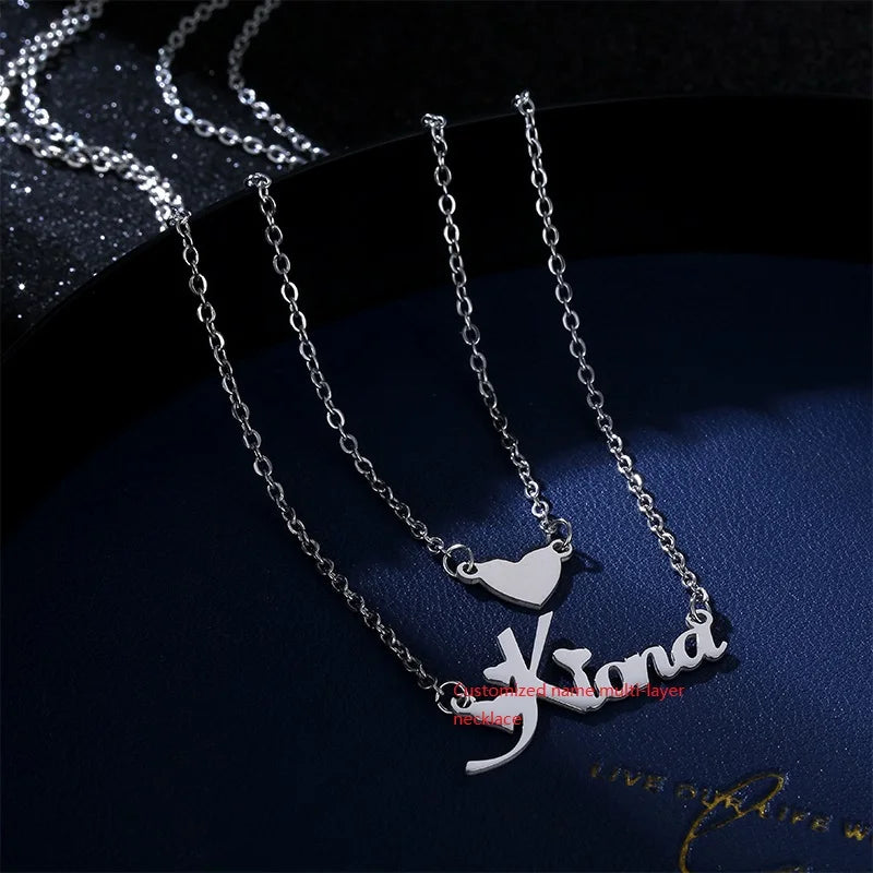 Customized Double Layer Stainless Steel Golden Letter Chain Pendant Necklace Fashionable Heart Choker for Women Gift