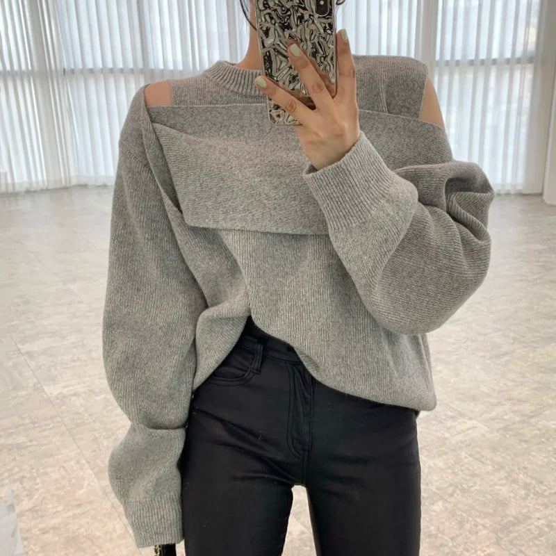 Wholesale 2026 Autumn Small Versatile Round Neck Layered Hollow Off Shoulder Splice Design Loose Long Sleeve Knitted Sweater