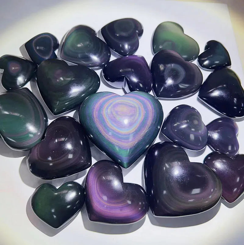 Good Flashy Heart Shaped Rainbow Obsidian Heart Natural Hand Carved Polished Healing Rainbow Obsidian Crystal Stone Heart