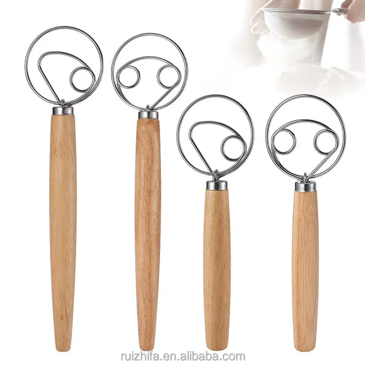 Baking Auxiliary Tool Stainless Steel Manual Mixer Single Double Circle Dough Whisk with Wood Handle Eco-Friendly Ruizhifa