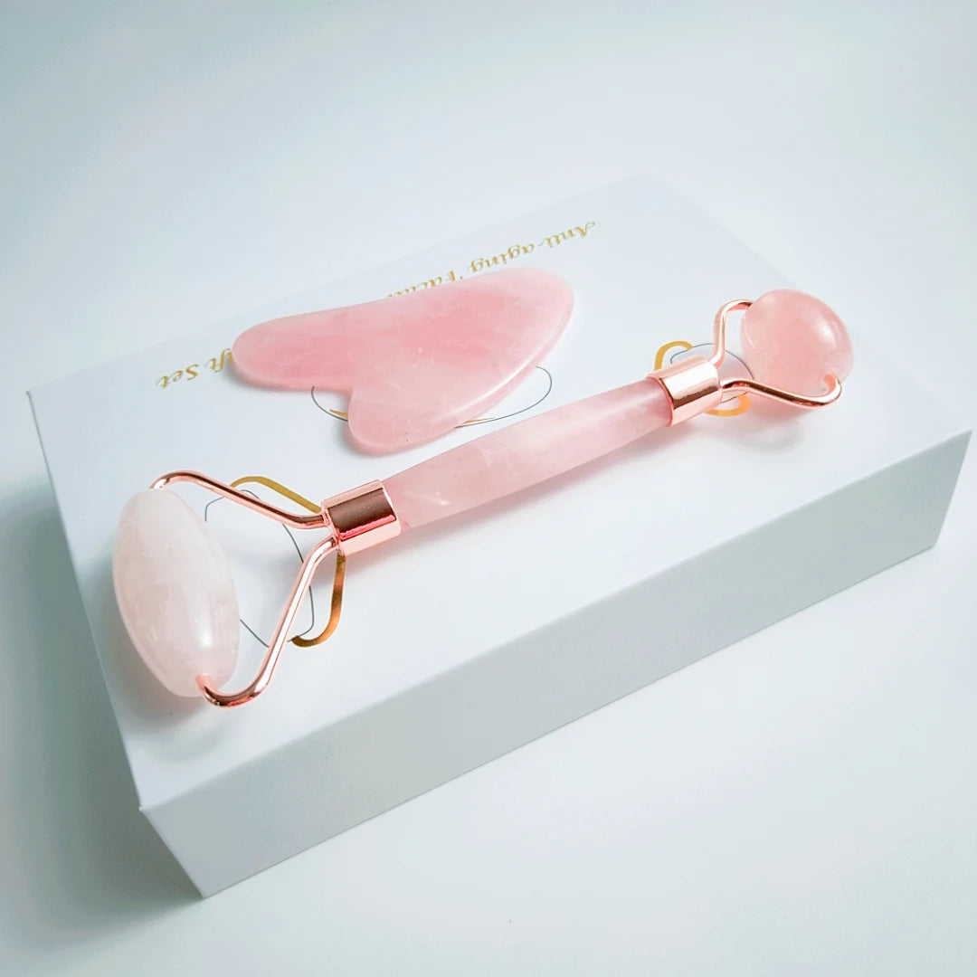 Huiying Factory Sell Natural Pink Rose Quartz Jade Roller And Heart Shape Gua Sha Tools Set Wtih Box Kit