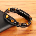 Classic Special Style Leather Natural Stone Beaded DIY Combination Splicing Men's Stainless Steel Black Button Leather Bracelet