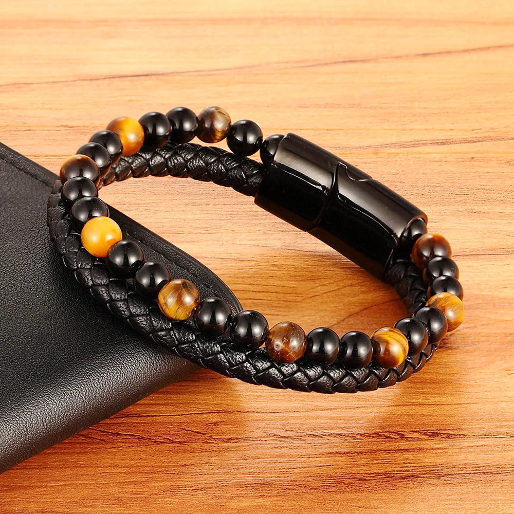 Classic Special Style Leather Natural Stone Beaded DIY Combination Splicing Men's Stainless Steel Black Button Leather Bracelet