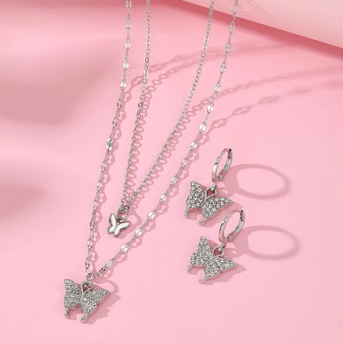 VKME New Fashion Butterfly Zircon Necklace Butterfly Earrings Set for Women Jewelry