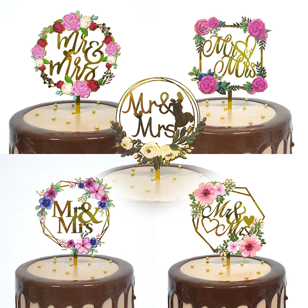 Acrylic Colorful Flower Gold Cake Decorations Wedding Bridal Shower Engagement Anniversary Mr and Mrs Cake Toppers