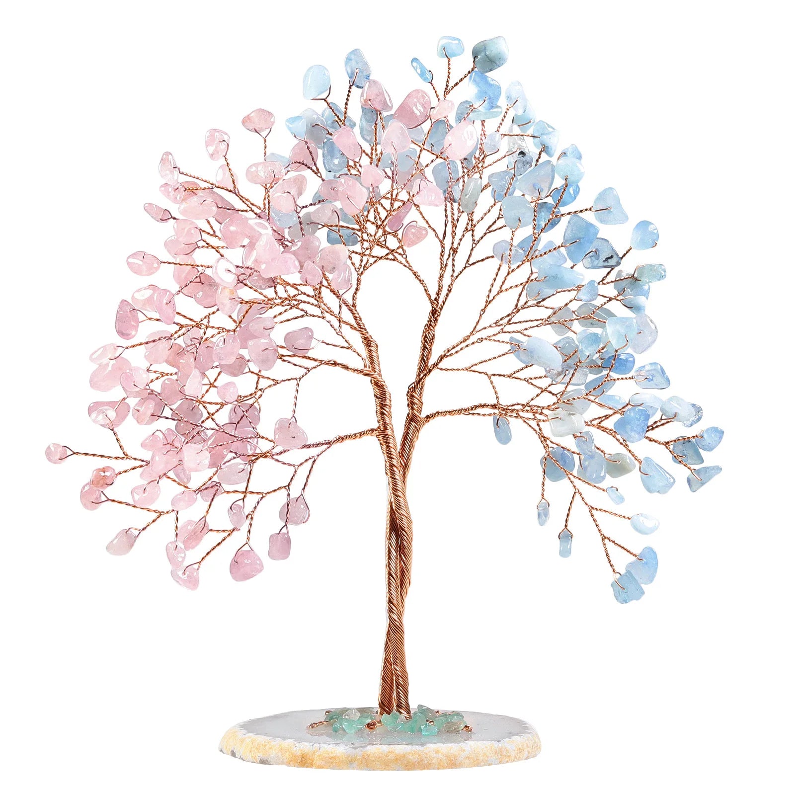 Aquamarine Quartz Healing Crystal Feng Shui Money Tree Natural Gemstone Ornament Tree with Agate Slice Base