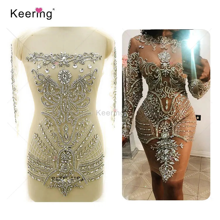New Product Chest Sequin Big Crystal Flower Stripe Crystal Rhinestones Applique WDP-370