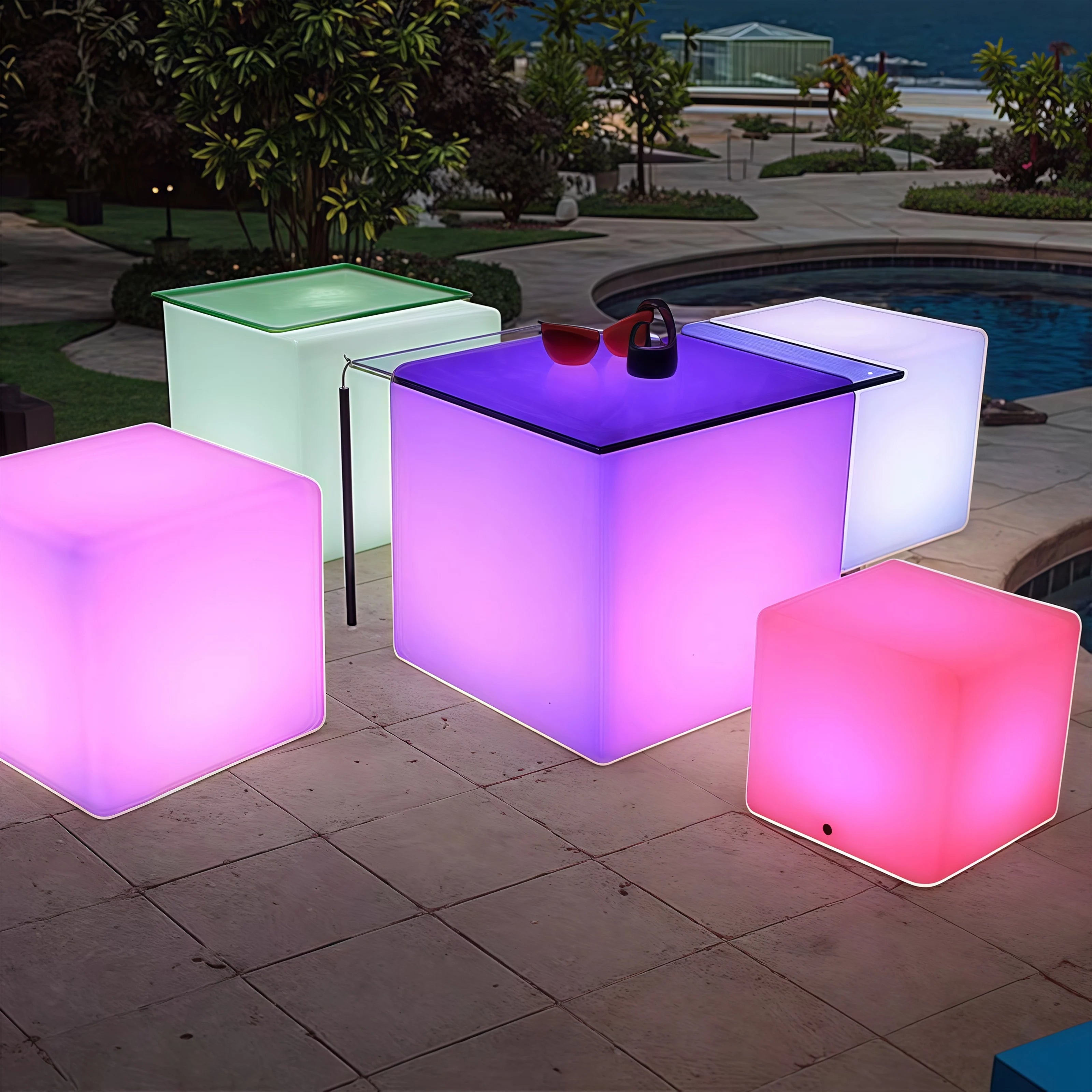 Outdoor LED Cube Lounge Chair with 16 Color Changing Tables Plastic Furniture for Event Party Wedding Garden Living Room Hotel