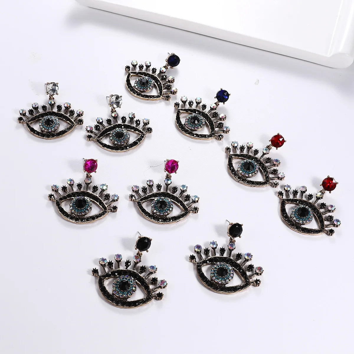 Hot Sale Diamond Turkish Blue Devil Eye Vintage Earrings Exaggerated Colorful Rhinestones Crystal Evil Eyes Earrings