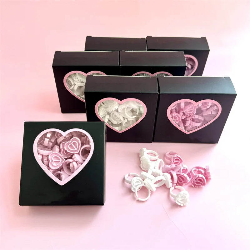 Wholesale Lash Glue Rings Holder  50Pcs/Pack for Volume Lashes Fan Glue Heart Rings for Eyelash Extensions