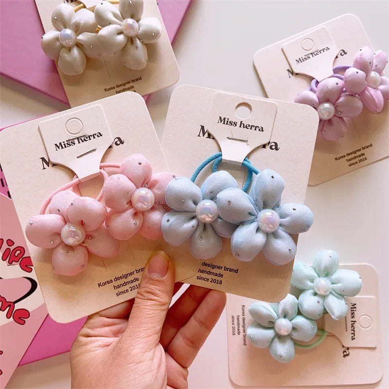 New Design Cute Pink Petal Flower Hair Ties for Kids Spring Sweet Style 2 Pcs/Sets Cotton Filled