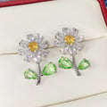 Women Daisy Stud Earrings With Green Leaf Yellow Flower Fancy Ear Cute Girls Trendy Earrings Silver Plating