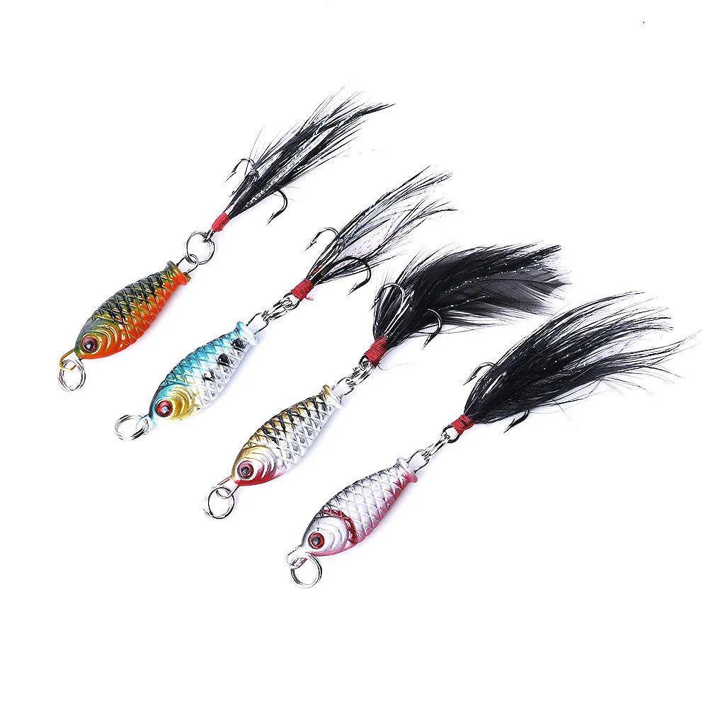 4G 2.5CM Newup Mini Metal Fishing Jig Lure 3D Eyes Artificial Bait With Feather Hook Lead Jigs Fishing Lures