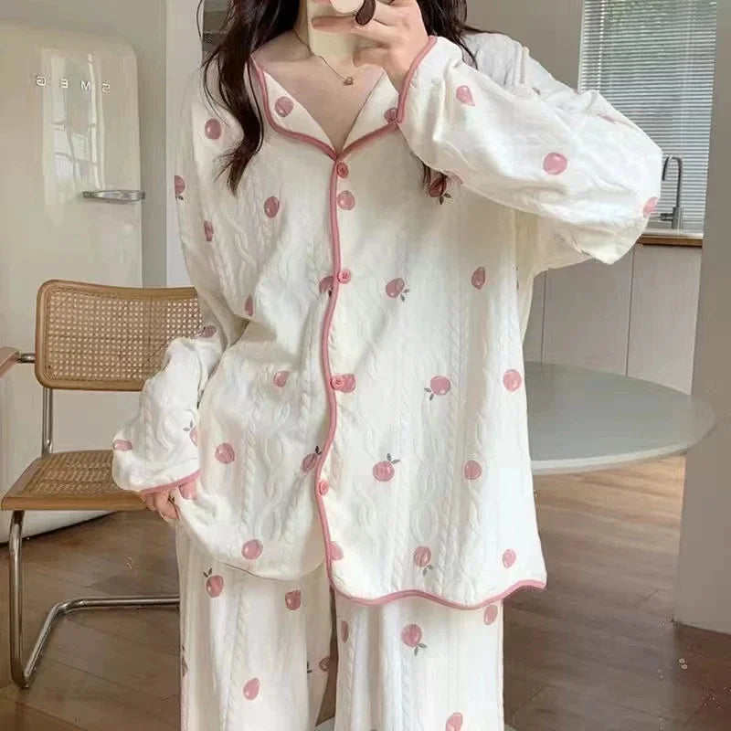 Women Cartoon Sleepwear Set Turn Down Collar Single Breasted Shirt + Long Wide Leg Pants Set Lady Spring Autumn Casual Pajamas MegaBDM