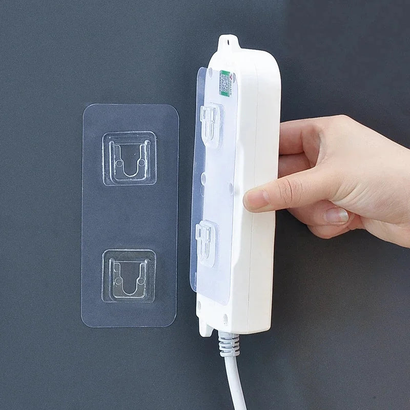Transparent Adhesive Self-Adhesive Socket Fixer Wall-Mounted Power Strip Holder with Punch-Free Wall Hooks & Rails