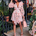 Elegant Summer Hollow Out Vestidos Long Sleeves Dress Casual Chiffon Girls Floral Print Dresses