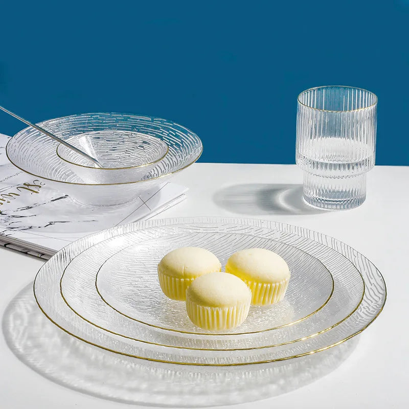 Elegant Clear Glass Dinnerware Tableware Gold Inlay Gold Rim Wedding Charger Plates Custom Beef Salad Color Enamel Eco-Friendly