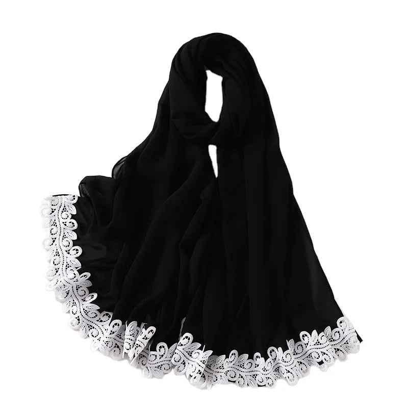 Wholesale of New Pearl Chiffon Malaysian Women's Fashionable Splicing Lace Cheap Scarves