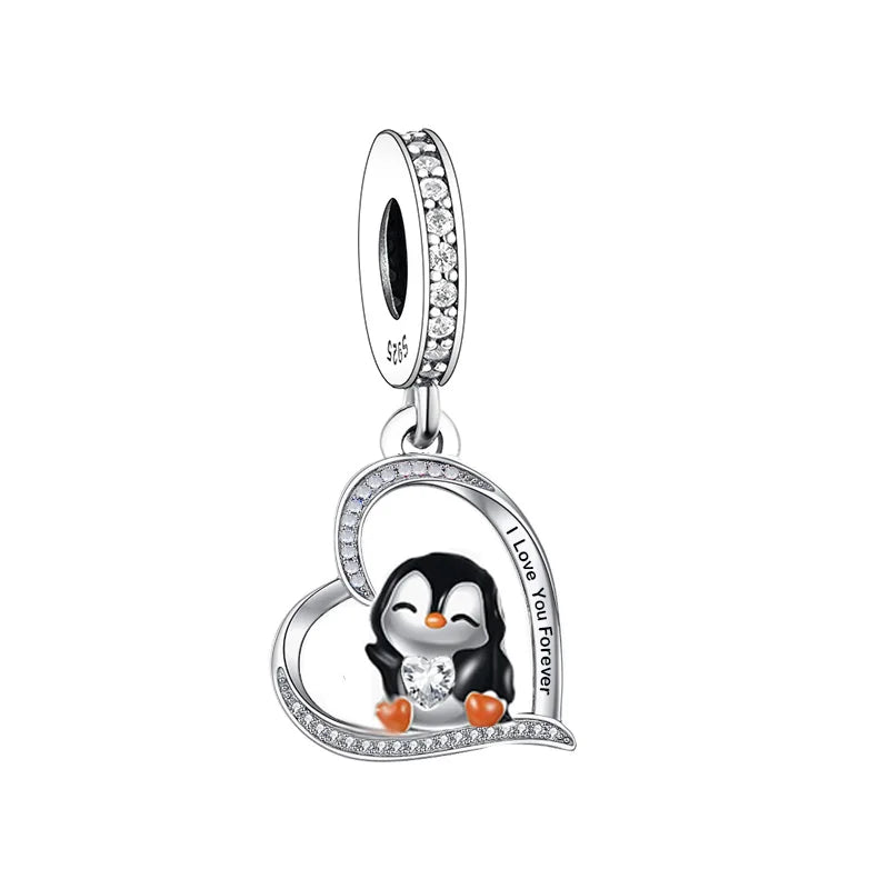 Fit Original Brand Charm Bracelet 925 Sterling Silver Penguin  Heart Bead for Women Jewelry Christmas Making 2022