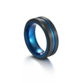 8mm Wide Vacuum Electroplating Black Round Top Frosted Blue Groove Inner Ring Mens Tungsten Ring