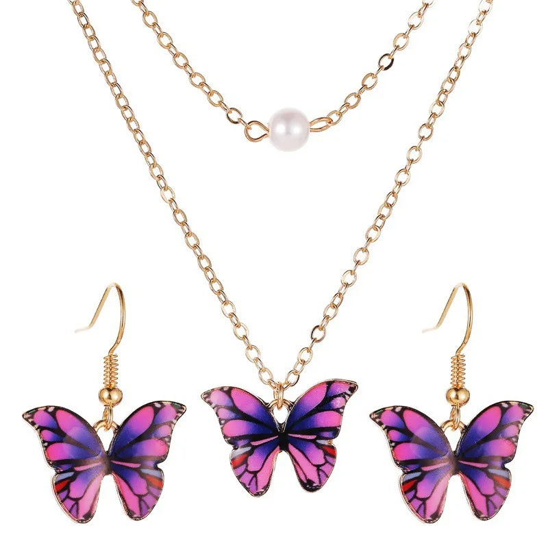 2025 New Fashion and Beautiful Color Butterfly Pendant Necklace Earrings Set for Women