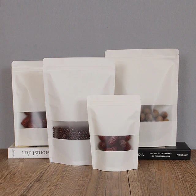 Recyclable Brown/White Kraft Paper Bags Zipper Top Custom Stand-Up Pouch Window for Tea Food Sugar Storage Gravure Printed