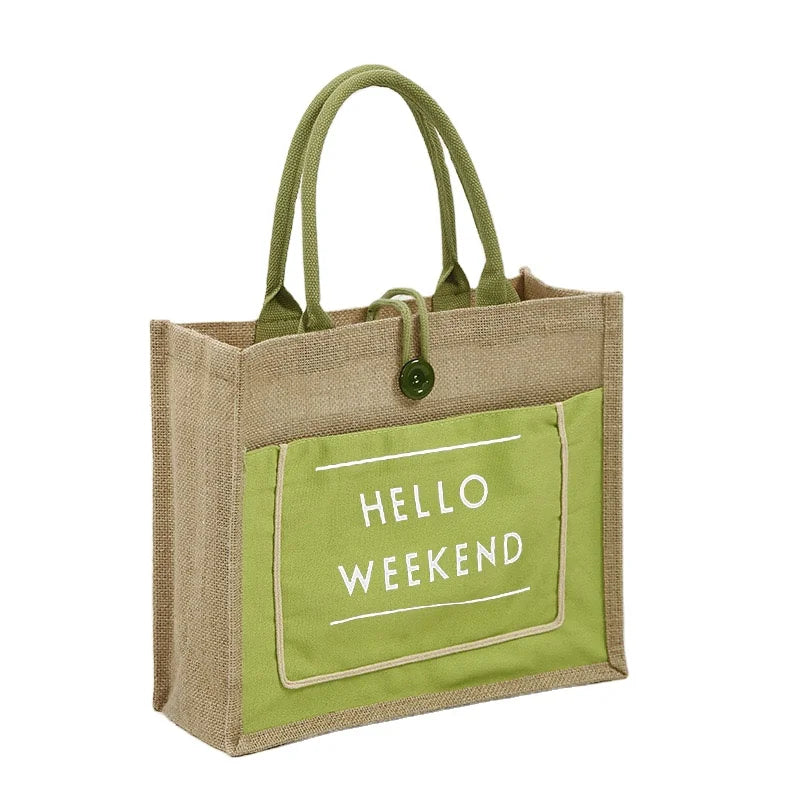 Large Reusable Burlap Tote Bag with Jute DIY Gift Bags for Women's Shopping Market Grocery Holiday Travel Beach Letter Pattern