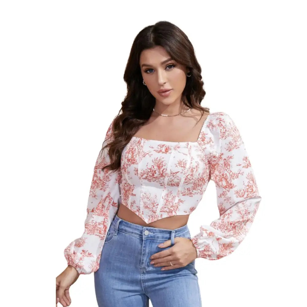 Women's Blouses & Crop Tops Elegant Long Sleeve Floral Print Casual Blouses Wholesale Ladies Clothes
